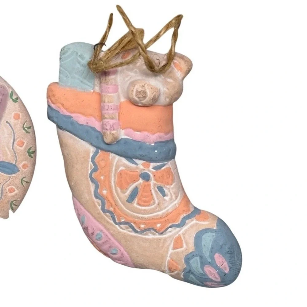 Southwestern Terracotta Clay Ornaments Set 3 Pastel Hand Painted Christmas Decor